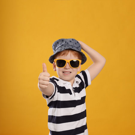 Cute little boy with sunglasses on yellow backgroundの写真素材