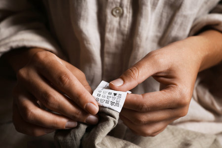 Woman holding clothing label on beige garment, closeupの写真素材