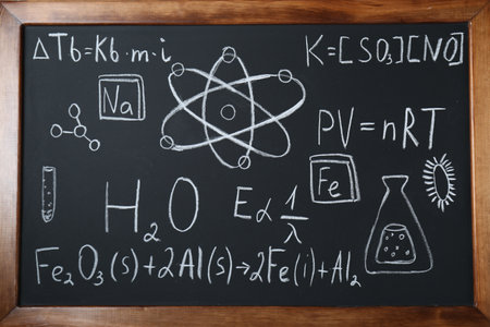 Different chemical formulas written with chalk on blackboard