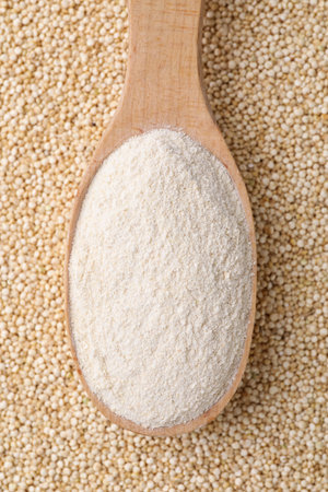 Wooden spoon with quinoa flour on seeds, top viewの写真素材