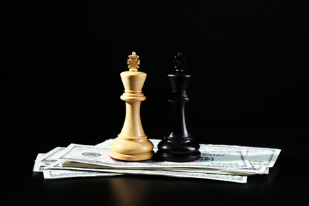 Money, white and black kings against dark background. business competition conceptの写真素材