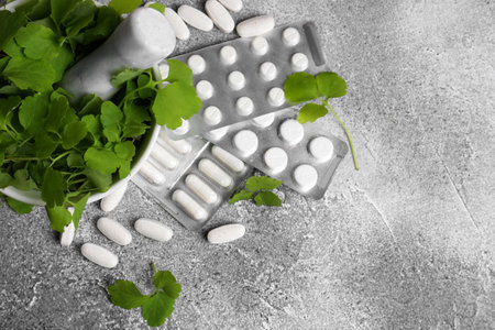 Mortar with fresh green celandine and pills on light gray table, flat lay. Space for text