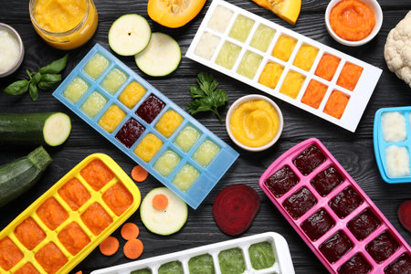 Different frozen purees in ice cube trays and ingredients of black wooden table, flat lay. Ready for freezingの写真素材