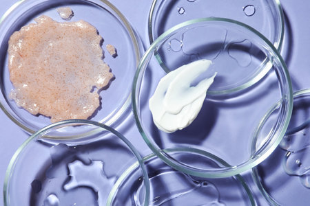 Flat lay composition with Petri dishes on lilac background