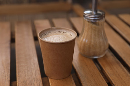 Takeaway paper cup with coffee near brown sugar on wooden table, closeupの写真素材