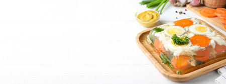 Delicious fish aspic served on white wooden table, space for text. banner designの写真素材