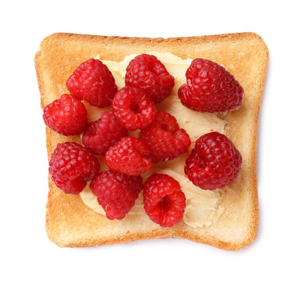 Tasty toast with butter and raspberry isolated on white, top viewの写真素材