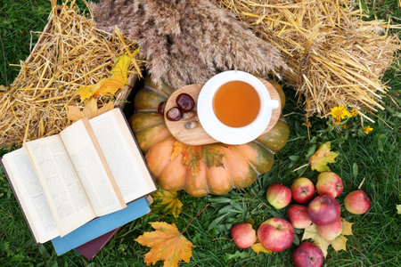 Books, pumpkin, apples and cup of tea outdoors, flat lay. autumn seasonの写真素材