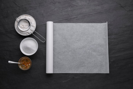 Roll of baking parchment paper and ingredients on black slate background, flat layの写真素材