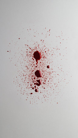 Stain and splashes of blood on light gray background, top view