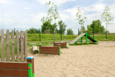 Wooden rover jump over and king of hill on animal training area outdoorsの写真素材