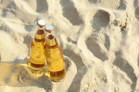 Bottles of cold beer on sandy beach, above view. Space for textの写真素材