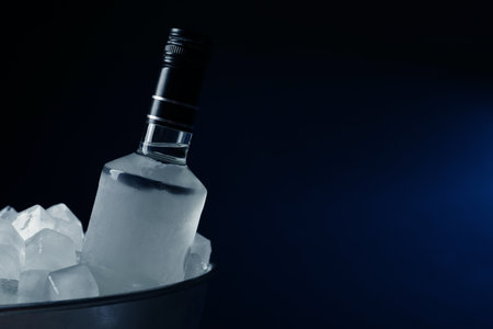 Bottle of vodka in metal bucket with ice on dark background. Space for textの写真素材