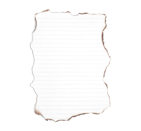 Piece of paper with dark burnt borders isolated on white, top view. Space for textの写真素材