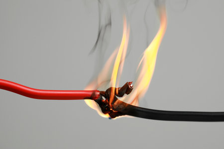 Inflamed red wire on gray background, closeup. Electrical short circuitの写真素材