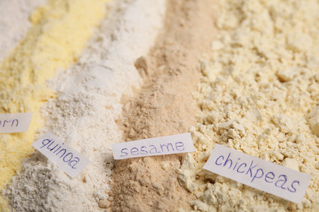 Various types of flours as background, closeupの写真素材