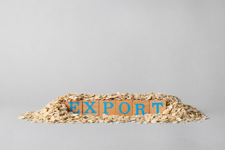 Pile of oatmeal and wooden cubes with word Export on gray background, space for text