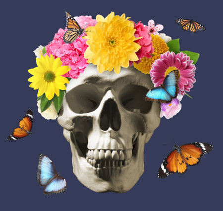 White skull with flower wreath and beautiful butterflies on color backgroundの写真素材