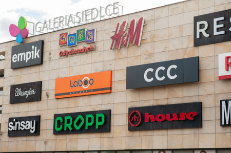 SIEDLCE, POLAND - AUGUST 30, 2022: Shopping mall with different store brand logos outdoorsのeditorial素材