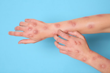 Woman with rash suffering from monkeypox virus on light blue background, closeup