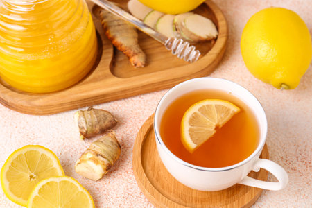 Tea, honey, lemon and ginger on beige textured table, above viewの写真素材