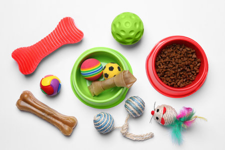 Flat lay composition with pet toys and food on white backgroundの写真素材