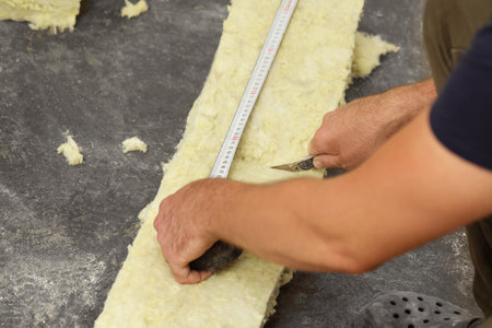 Worker measuring and cutting insulation material indoors, closeupの写真素材