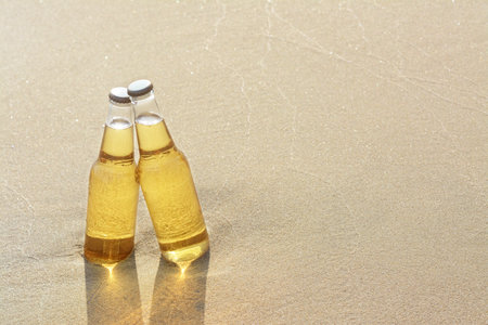 Bottles of cold beer on sandy beach. Space for textの写真素材