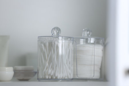 Cotton buds and pads in transparent holders on shelf, closeupの写真素材