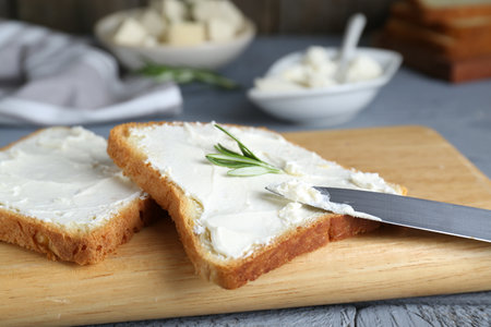 Delicious toasts with tofu cream cheese and rosemary on wooden board, closeupの写真素材