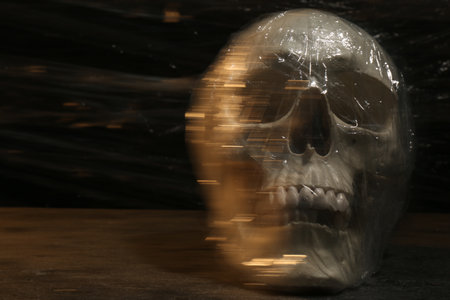 Human skull with stretch film on stone surface against black background. Space for textの写真素材