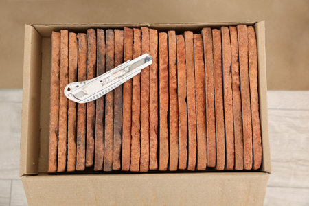 Box with many decorative bricks and utility knife indoors, above view