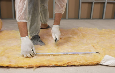 Worker measuring and cutting insulation material indoors, closeup. Space for textの写真素材