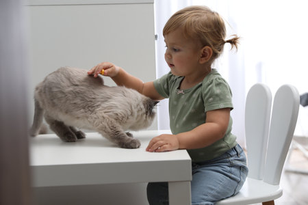 Cute little child with adorable pet at white table in roomの写真素材
