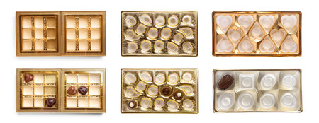Set with full and empty candy boxes on white background. banner design