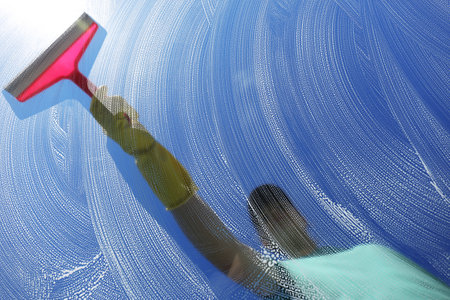 Woman cleaning glass with squeegee on sunny day