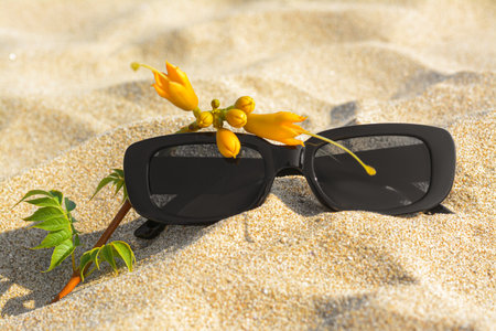 Stylish sunglasses and tropical flower on sand, closeupの写真素材