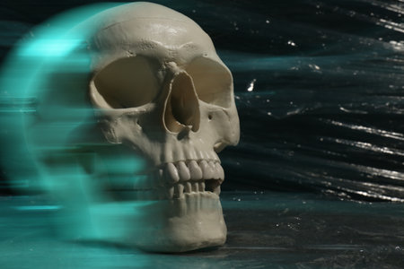Human skull with stretch film on stone surface against black background. Space for textの写真素材