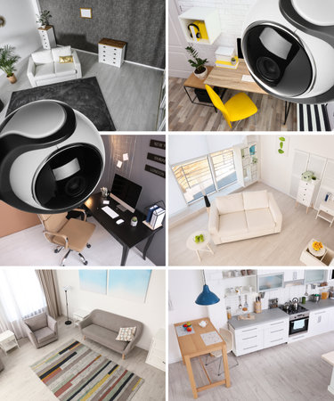 View of rooms through CCTV cameras. Collage