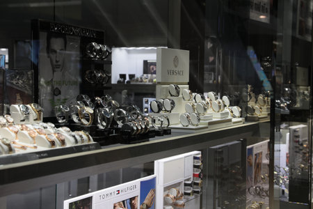Turkey, Trabzon-June 30, 2022: Showcase with different luxury watches in storeのeditorial素材
