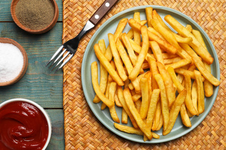 Tasty french fries served on wooden table, flat lay