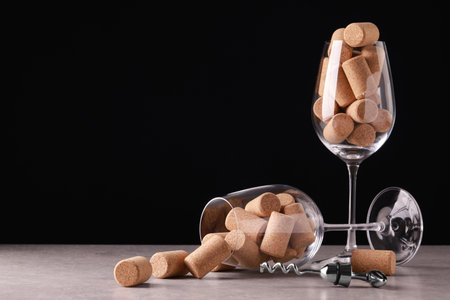 Glasses with wine corks and corkscrew on light table. Space for textの写真素材