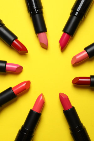 Frame of bright lipsticks on yellow background, flat lay. Space for textの写真素材