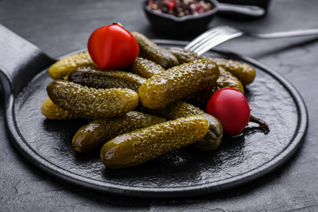 Serving board with pickled cucumbers and peppers on black table, closeupの写真素材