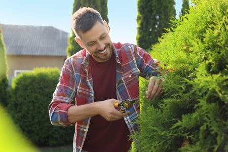 Happy man cutting bush outdoors on sunny day. gardening timeの写真素材