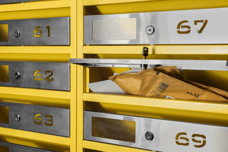 Open metal mailbox with key and correspondenceの写真素材