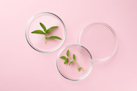 Petri dishes with different plants on pink background, flat lay