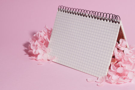 Beautiful hortensia flowers and notebook on pink background. Space for textの写真素材