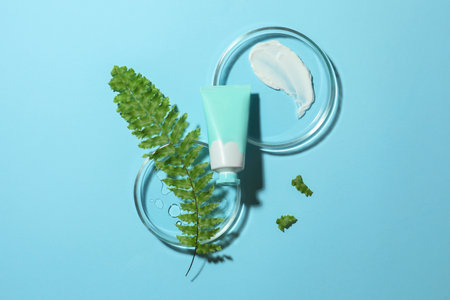 Flat lay composition with Petri dishes on light blue backgroundの写真素材