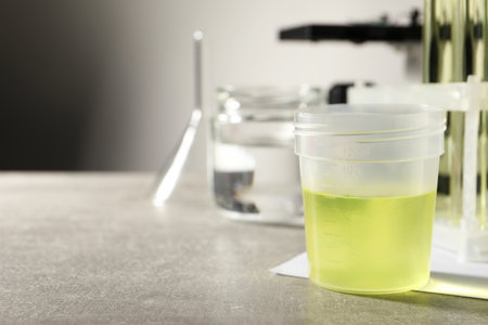 Container with urine sample for analysis and glassware on gray table, space for textの写真素材